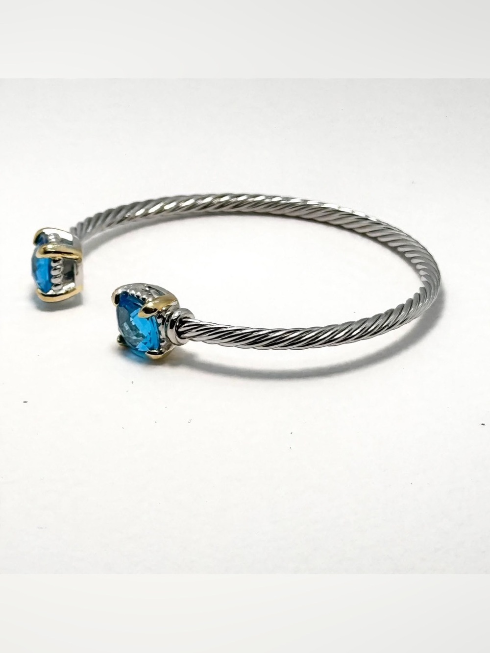 Open Bangle Bracelet with Blue Cubic Zirconia Stones, adjustable